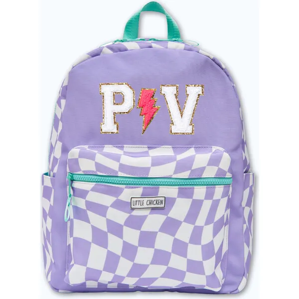 Little Chicken Checkered Pattern Backpack With Monogram Patches, Purple