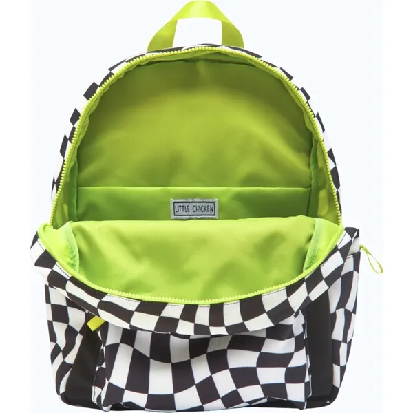 Little Chicken Small Checkered Pattern Backpack With Embroidered Name, Black & White