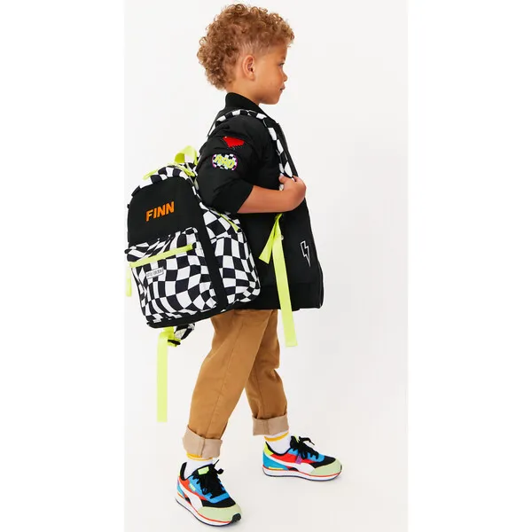 Little Chicken Small Checkered Pattern Backpack With Embroidered Name, Black & White