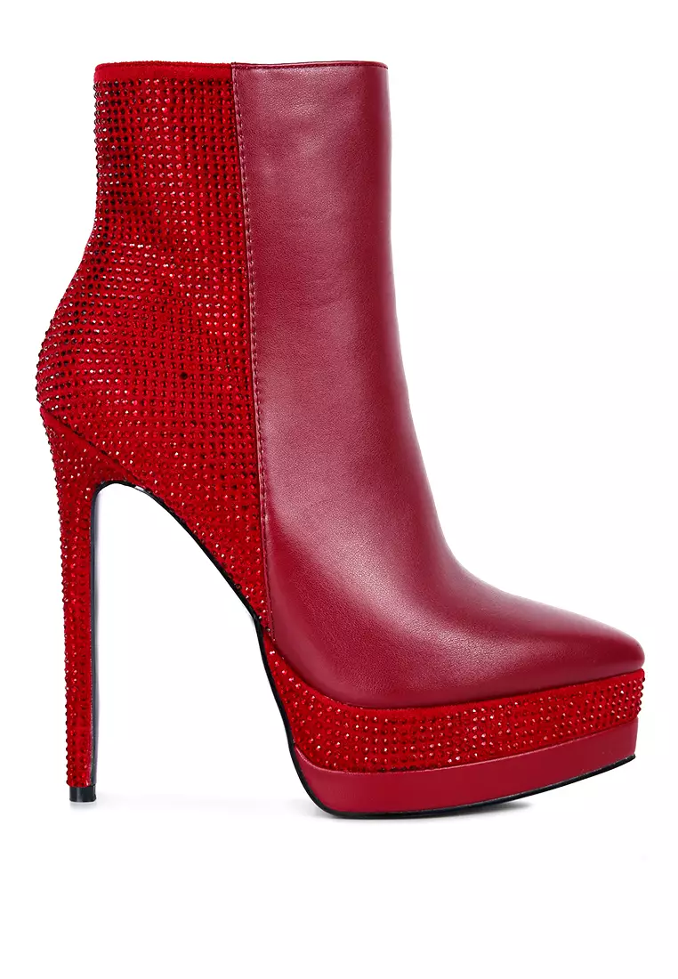 London Rag Burgundy Diamante Set High Heeled Ankle Boot