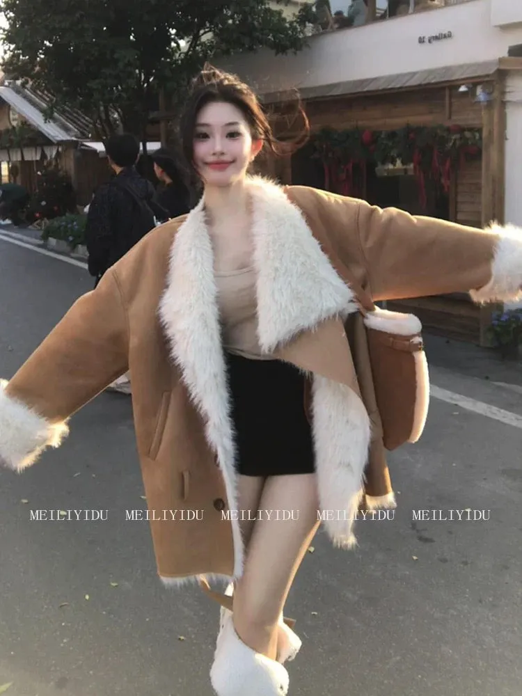 MLYD/Customized large size design lapel khaki suede fur winter warm fur one-piece jacket for women