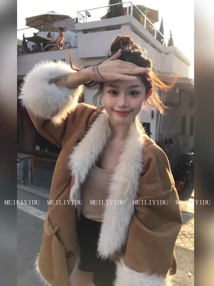 MLYD/Customized large size design lapel khaki suede fur winter warm fur one-piece jacket for women