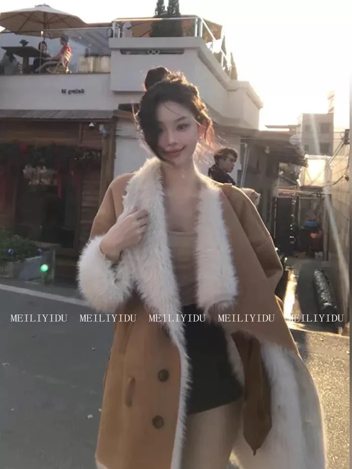 MLYD/Customized large size design lapel khaki suede fur winter warm fur one-piece jacket for women