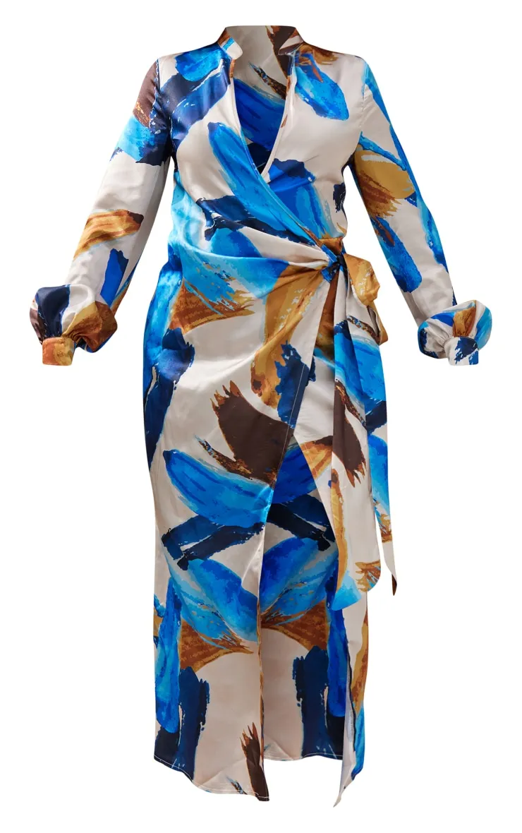 Multi Abstract Print Satin Wrap Midaxi Dress