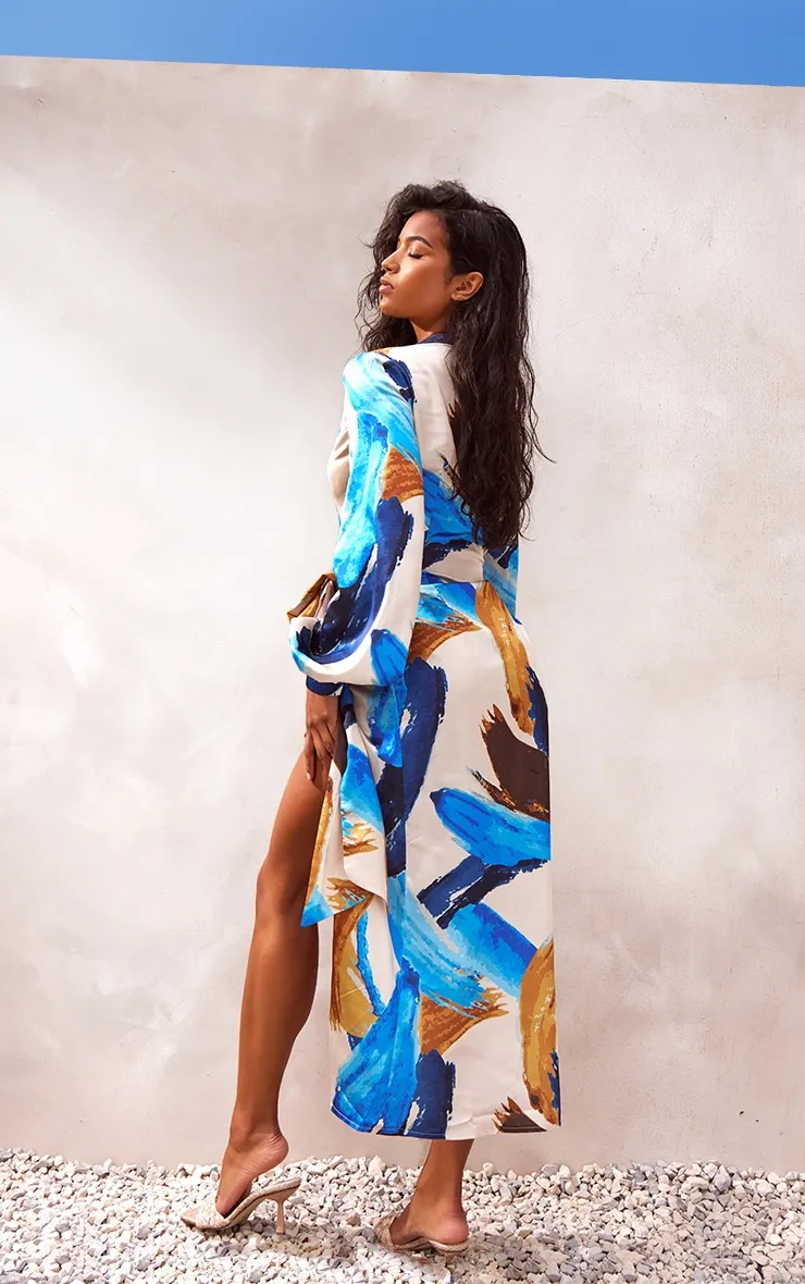 Multi Abstract Print Satin Wrap Midaxi Dress