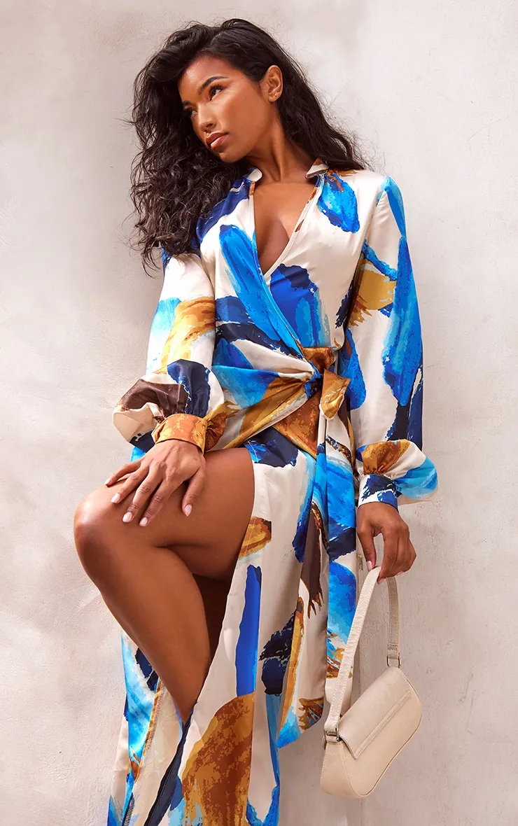 Multi Abstract Print Satin Wrap Midaxi Dress