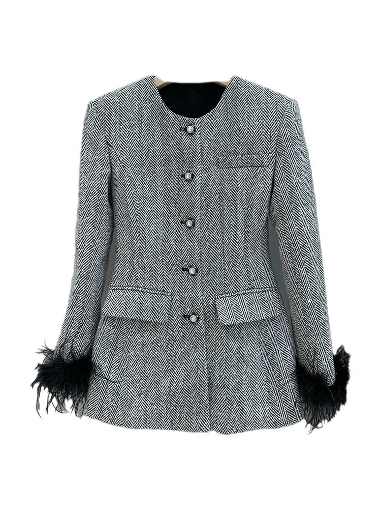 Niche designer French style gray and cotton striped woven feather splicing jacket