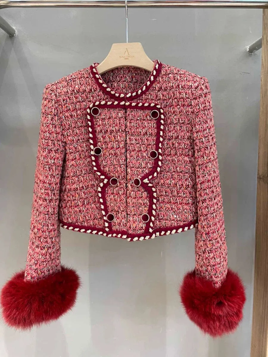 Niche haute couture small fragrance style Christmas red woven fox fur quilted short jacket with a western style New Year's top