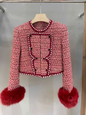 Niche haute couture small fragrance style Christmas red woven fox fur quilted short jacket with a western style New Year's top