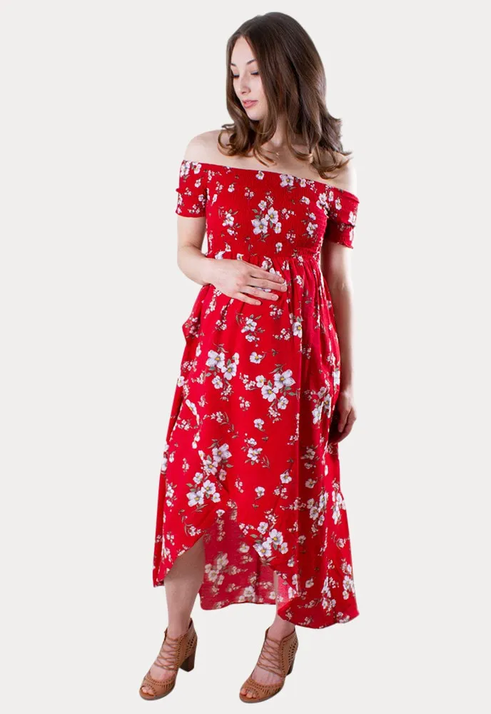 Off the Shoulder Wrap Front Maternity Dress in Red