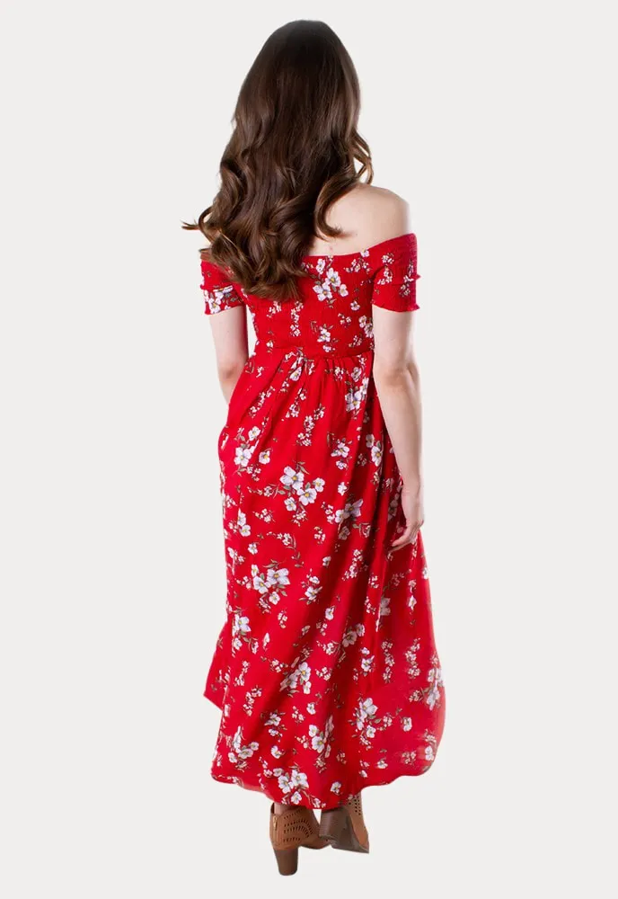 Off the Shoulder Wrap Front Maternity Dress in Red