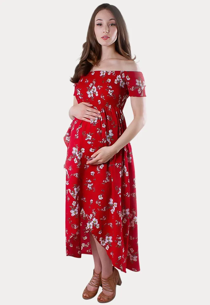 Off the Shoulder Wrap Front Maternity Dress in Red