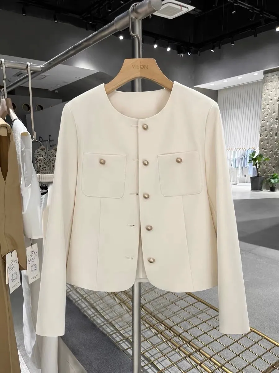 Off-white spring and autumn suit jacket female 2023 new small man simple collarless design suit jacket trendy