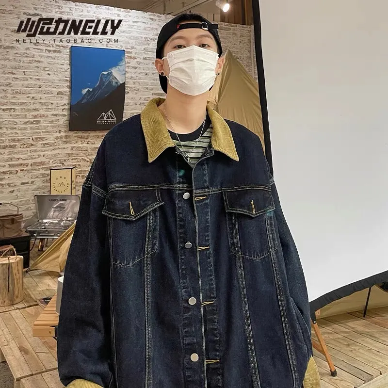 Oversize stitching contrasting denim jacket men's spring and autumn loose retro trend Xiaonili casual jacket bf style