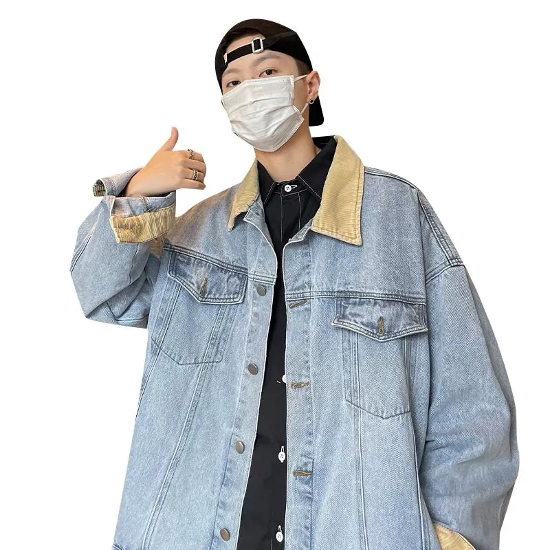 Oversize stitching contrasting denim jacket men's spring and autumn loose retro trend Xiaonili casual jacket bf style