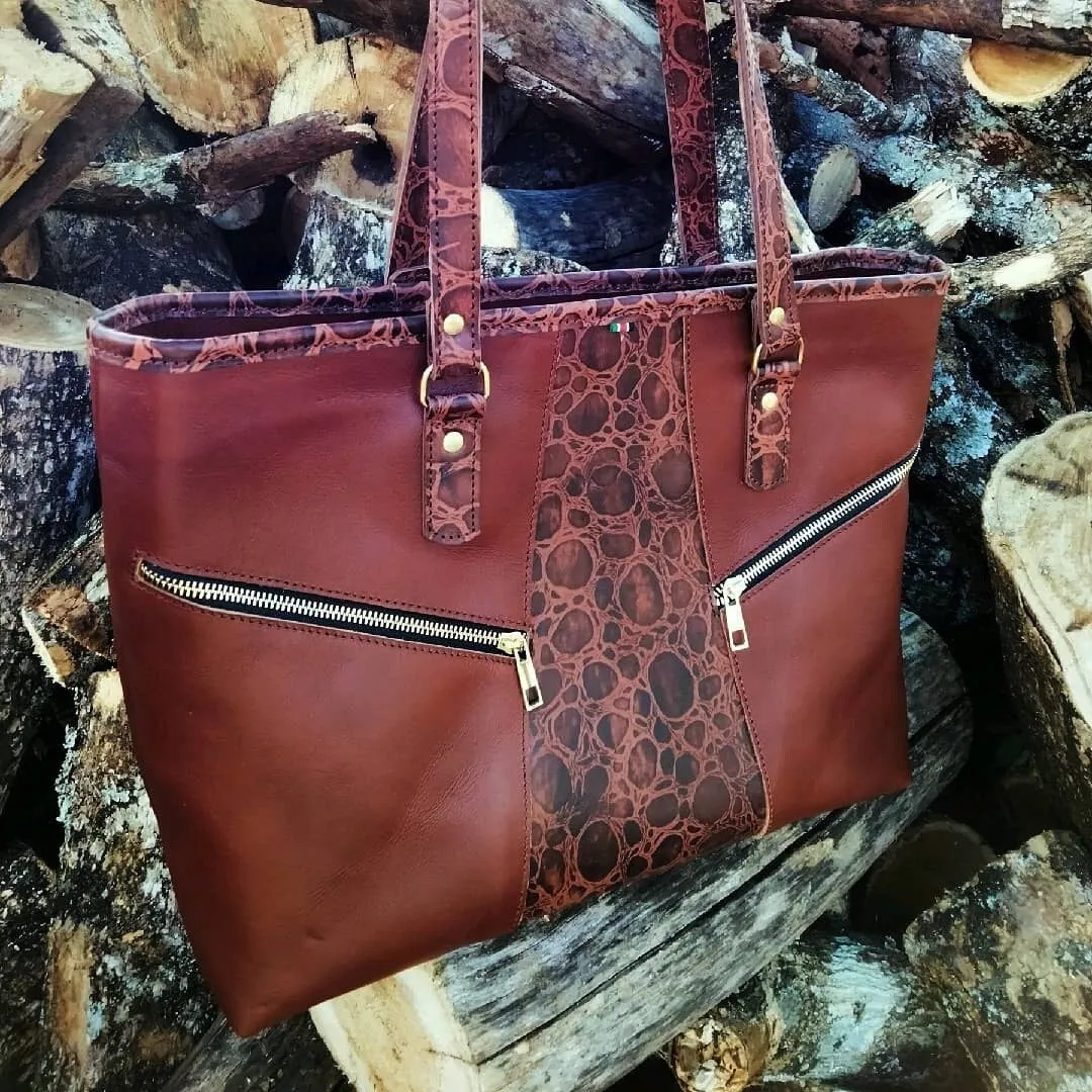 Patterned Leather Tote Handbag