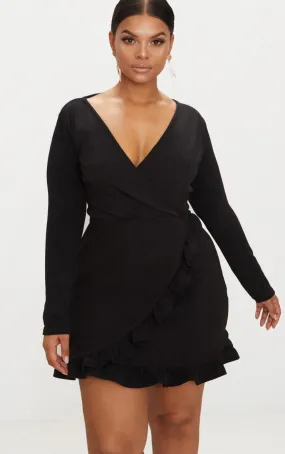 Plus Black Long Sleeve Ruffle Wrap Dress