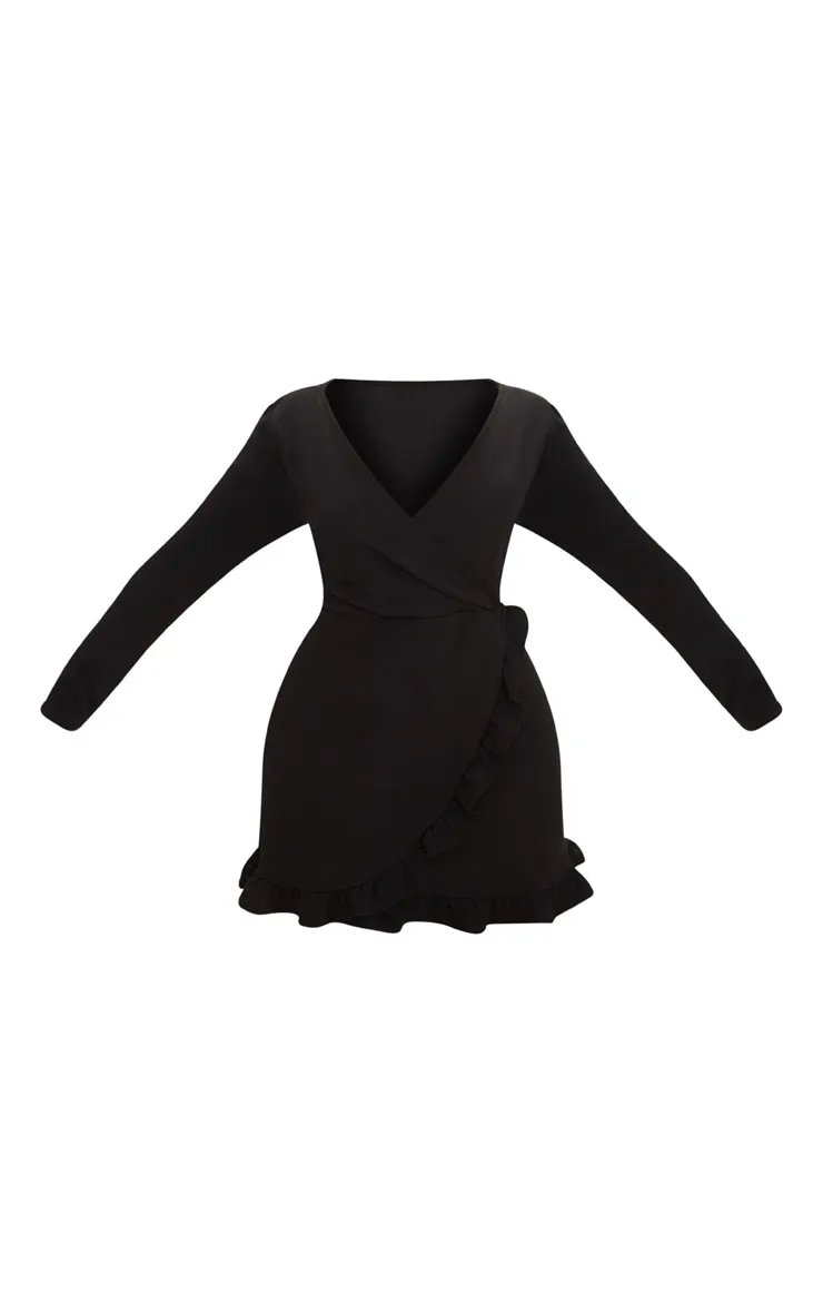 Plus Black Long Sleeve Ruffle Wrap Dress