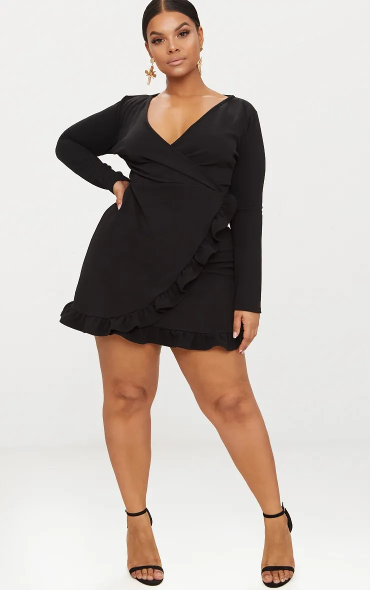 Plus Black Long Sleeve Ruffle Wrap Dress