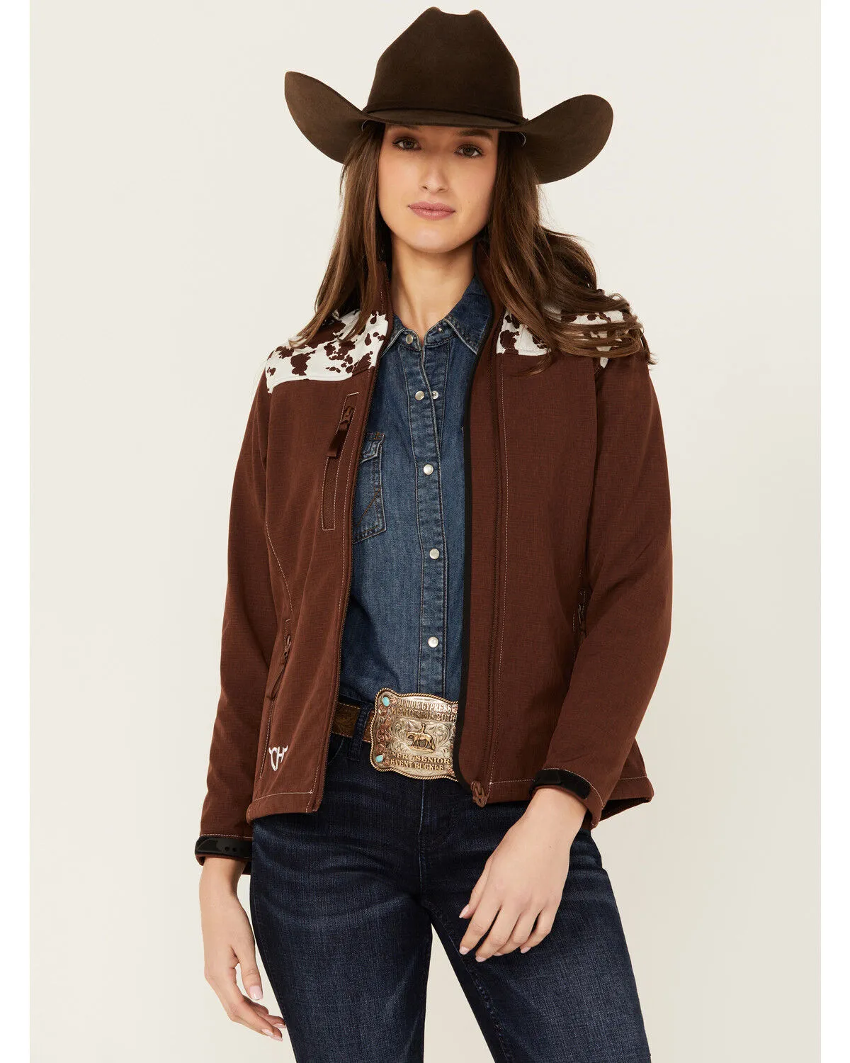 Product Name:  Cowgirl Hardware Women's Cow Print Yoke Softshell Jacket