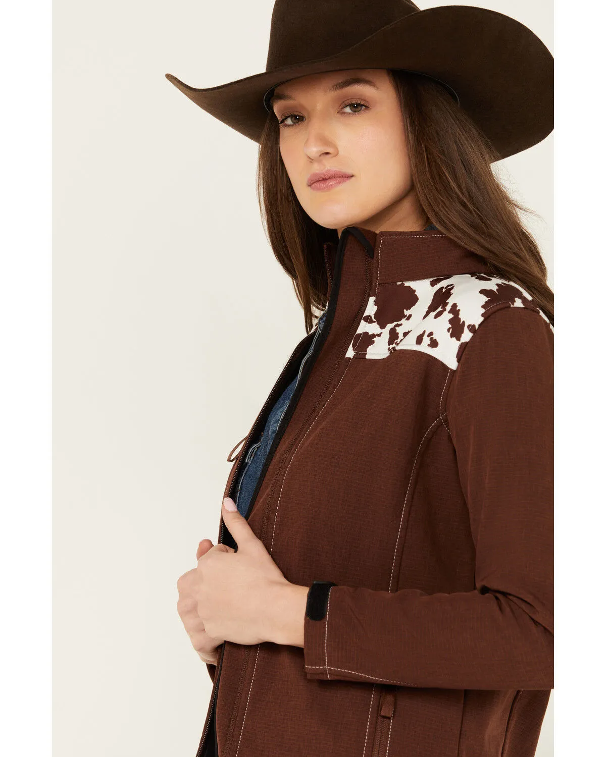 Product Name:  Cowgirl Hardware Women's Cow Print Yoke Softshell Jacket