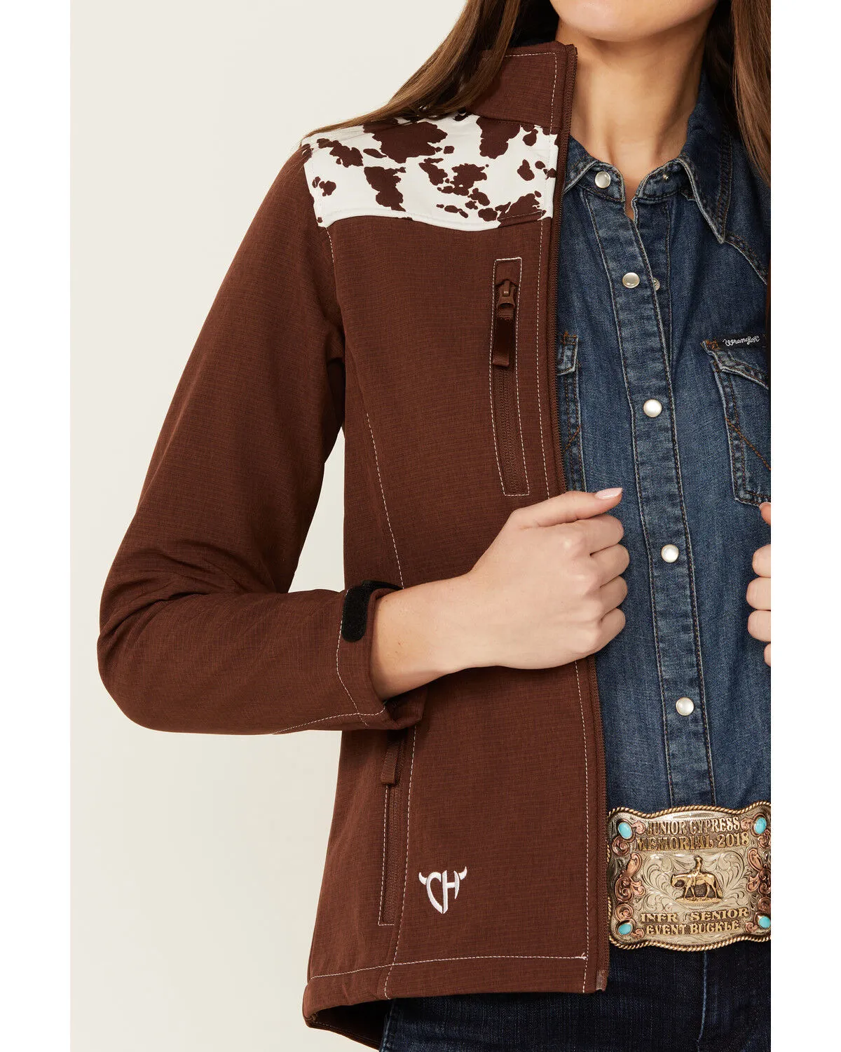 Product Name:  Cowgirl Hardware Women's Cow Print Yoke Softshell Jacket