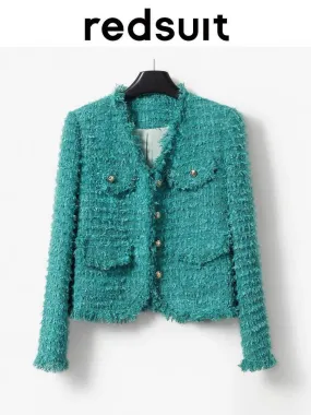 redsuit light luxury celebrity V-neck tassel woven green small fragrance jacket with elegant design and sense of style