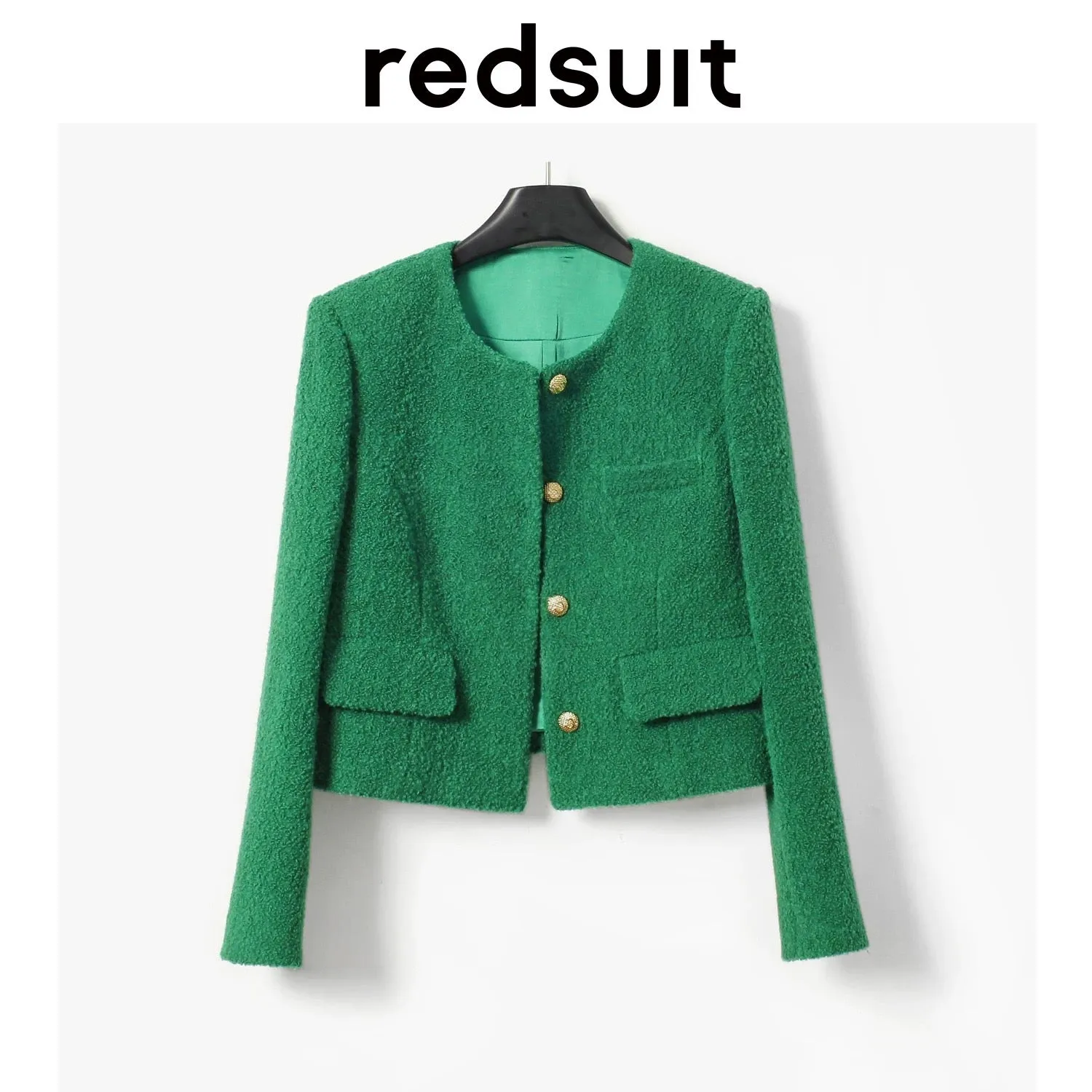 redsuit retro simple green white little fragrant braided short jacket age-reducing temperament commuter top