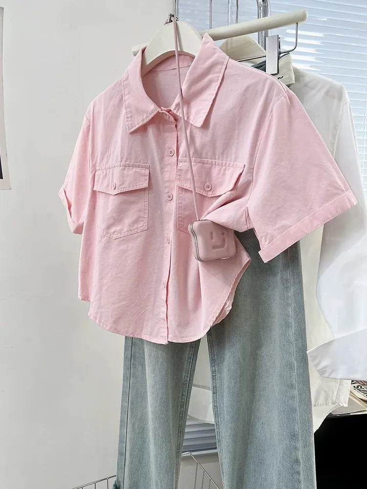 Rose red right shoulder short-sleeved shirt for women summer 2024 new design niche petite shirt jacket top