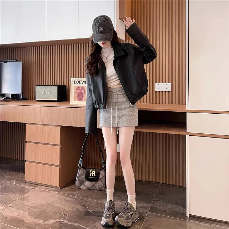 Short zipper lapel leather jacket for women 2023 autumn new retro fashion jacket top (S0515)