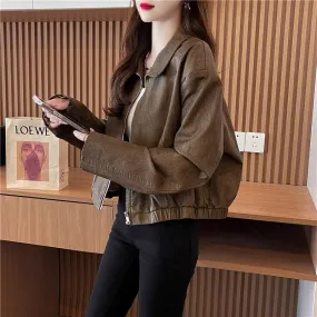 Short zipper lapel leather jacket for women 2023 autumn new retro fashion jacket top (S0515)