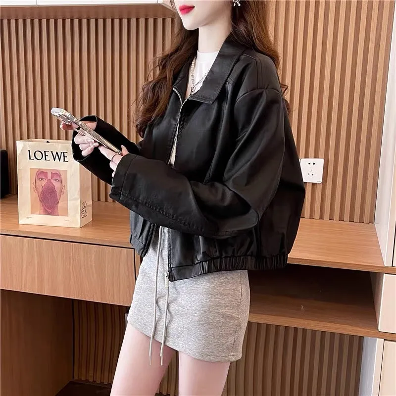 Short zipper lapel leather jacket for women 2023 autumn new retro fashion jacket top (S0515)