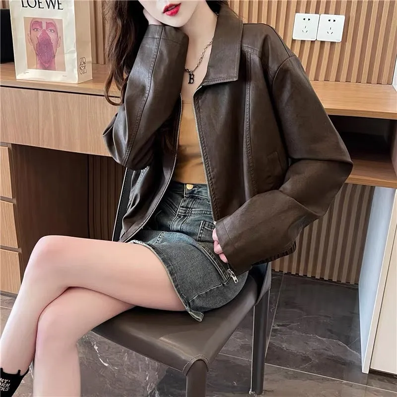 Short zipper lapel leather jacket for women 2023 autumn new retro fashion jacket top (S0515)