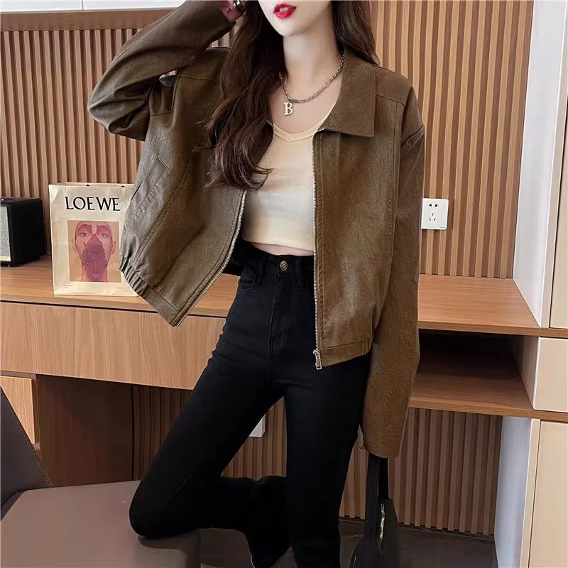 Short zipper lapel leather jacket for women 2023 autumn new retro fashion jacket top (S0515)