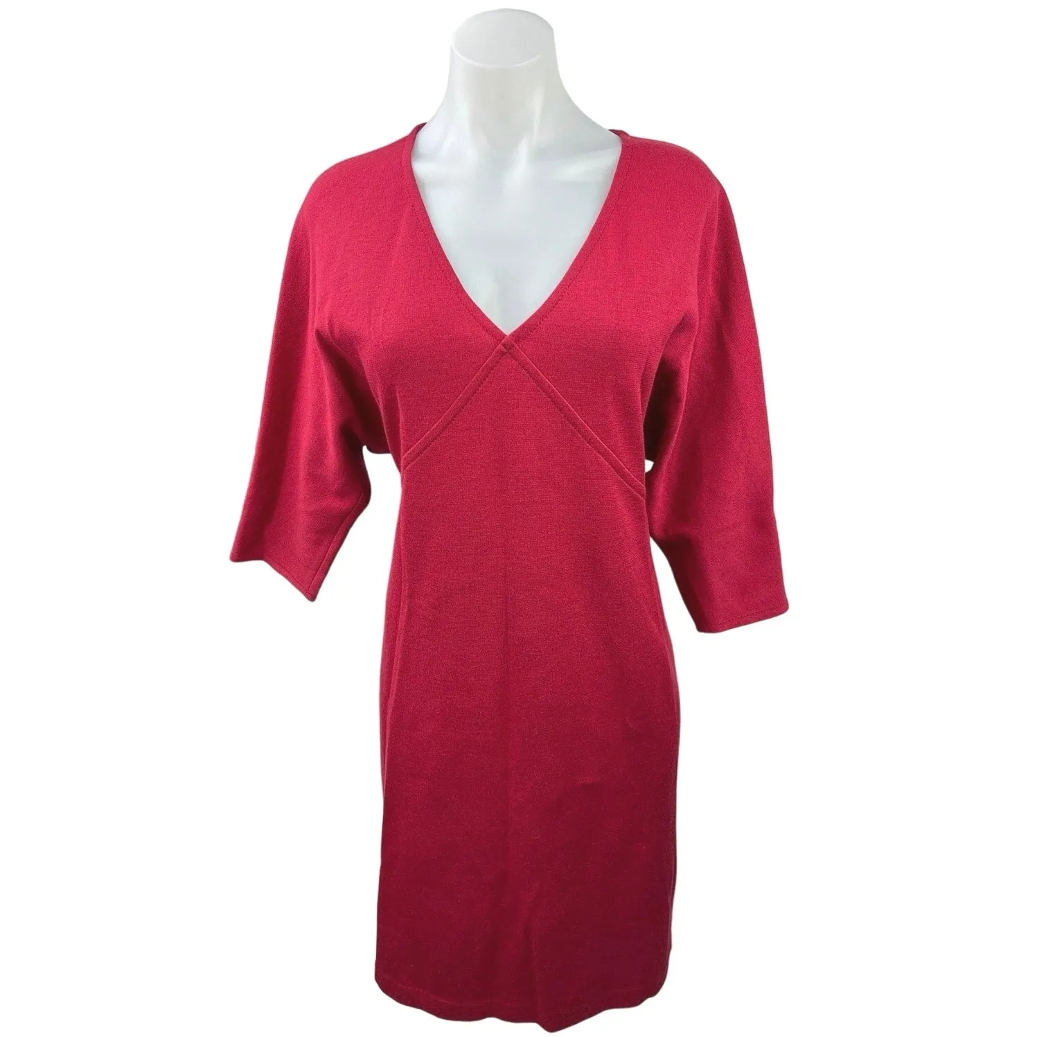 St. John Red Wool Blend V Neck 3/4 Sleeve Pullover Cozy Shift Mini Dress Size 8