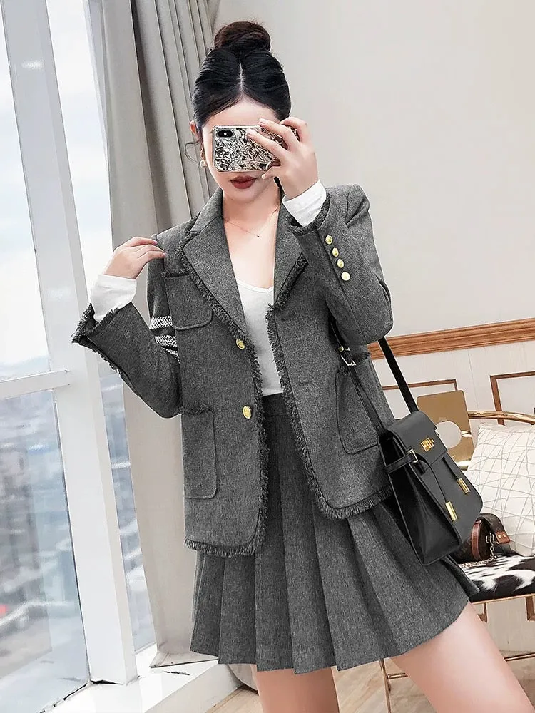 Suit suit women's 2024 new style temperament gray jacket pleated skirt two-piece college style suit autumn and winter