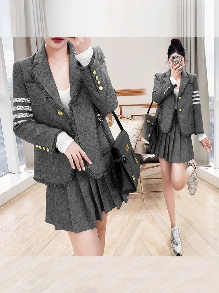 Suit suit women's 2024 new style temperament gray jacket pleated skirt two-piece college style suit autumn and winter