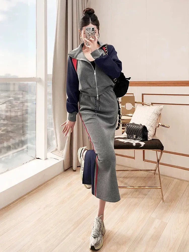 Sweatshirt suit for women 2024 new autumn and winter women's jacket hip skirt two-piece set work and commuting outfit