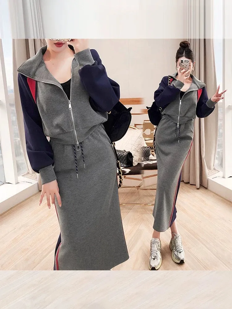 Sweatshirt suit for women 2024 new autumn and winter women's jacket hip skirt two-piece set work and commuting outfit