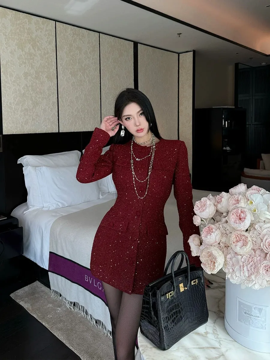 SX Shanxi Red Small Fragrance Sequin Jacket Women's Mid-Length Waist Slimming New Year's Festive Dress New Style