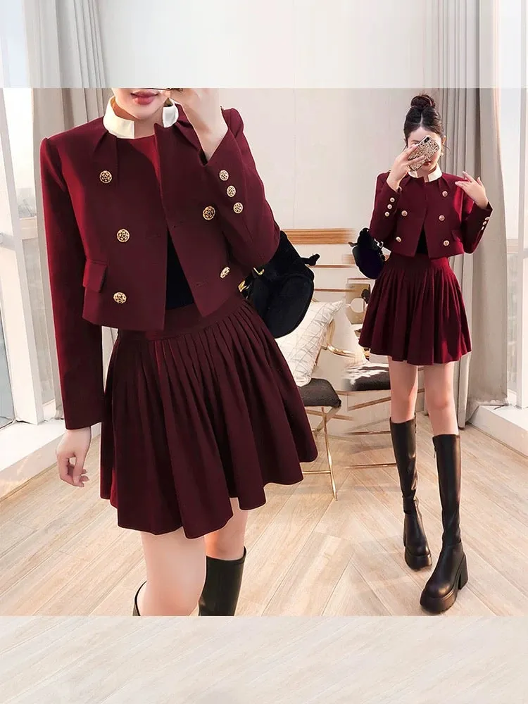 Thousand Gold Suit Autumn and Winter 2024 New Women's Two-piece Set Small Age-Reducing Fashion Jacket Short Skirt Red Suit