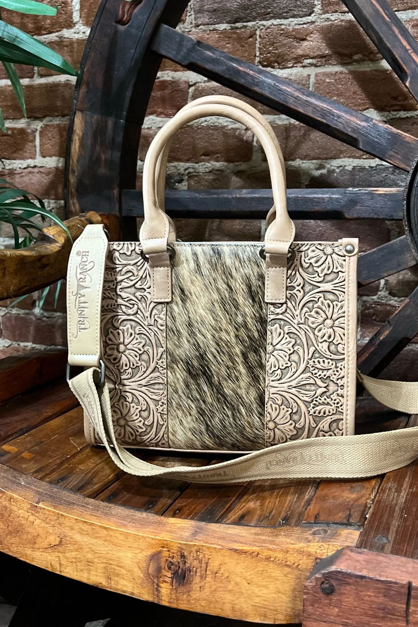 Trinity Ranch Hair On Cowhide Tooling Concealed Carry Crossbody Tote