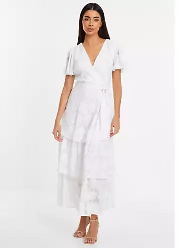 White Jacquard Wrap Midi Dress with Tiers and Tie Waist Belt by Quiz | Look Again