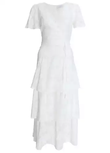 White Jacquard Wrap Midi Dress with Tiers and Tie Waist Belt by Quiz | Look Again