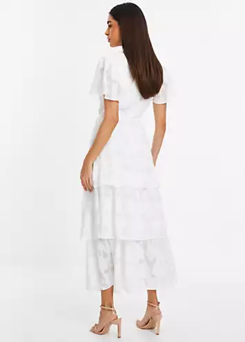 White Jacquard Wrap Midi Dress with Tiers and Tie Waist Belt by Quiz | Look Again