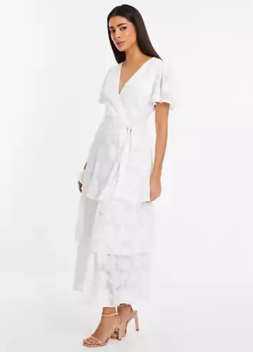 White Jacquard Wrap Midi Dress with Tiers and Tie Waist Belt by Quiz | Look Again