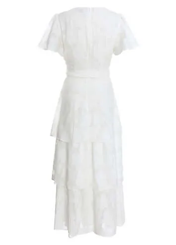 White Jacquard Wrap Midi Dress with Tiers and Tie Waist Belt by Quiz | Look Again