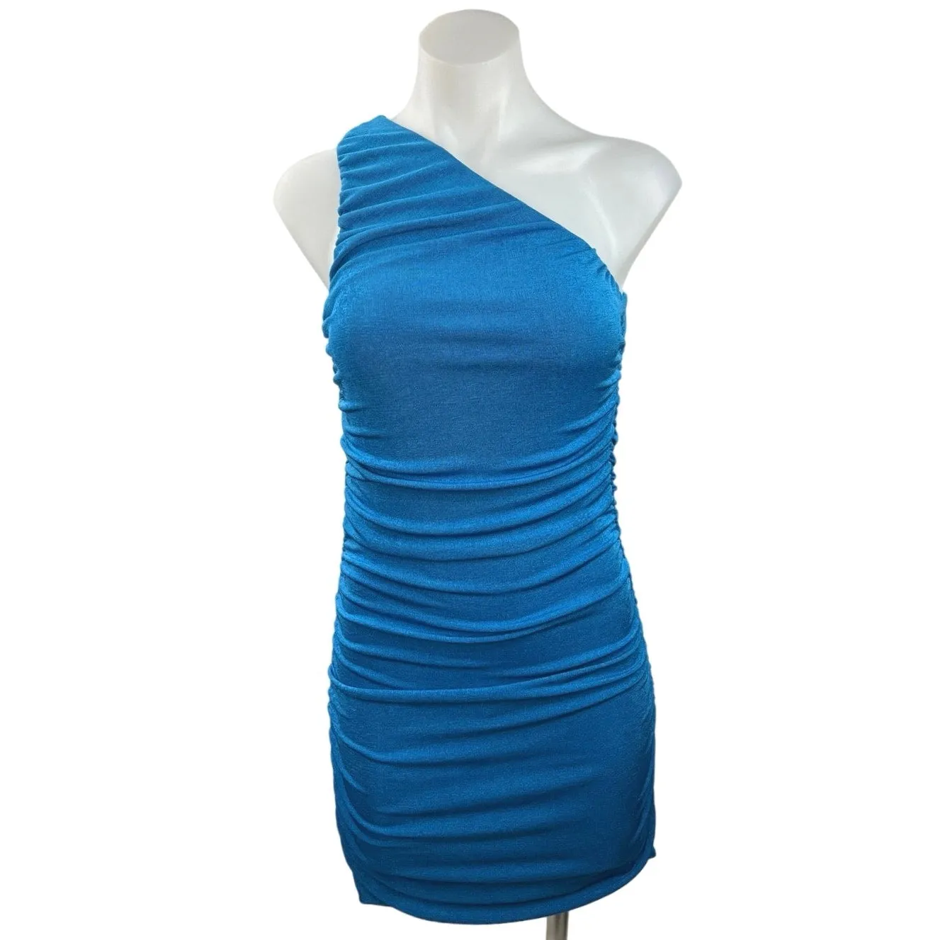 Women's Blue Sleeveless One Shoulder Pullover Ruched Mini Bodycon Dress Size S