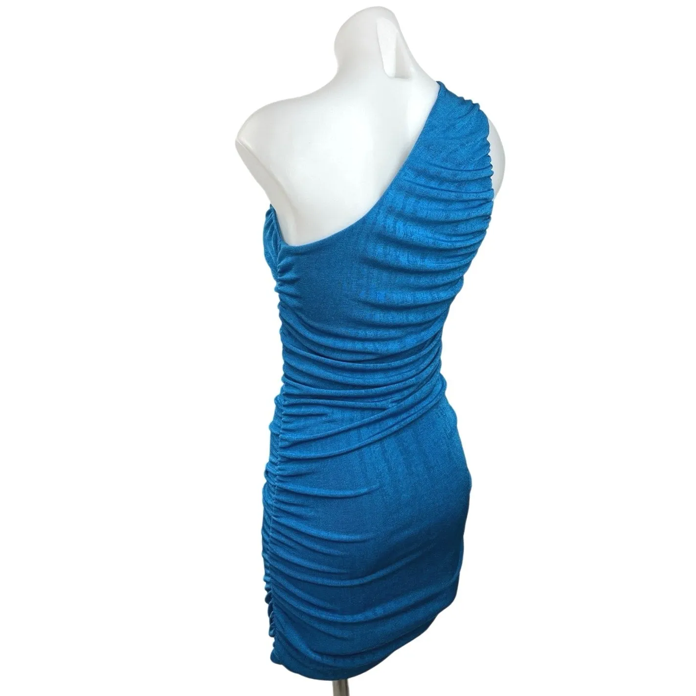 Women's Blue Sleeveless One Shoulder Pullover Ruched Mini Bodycon Dress Size S