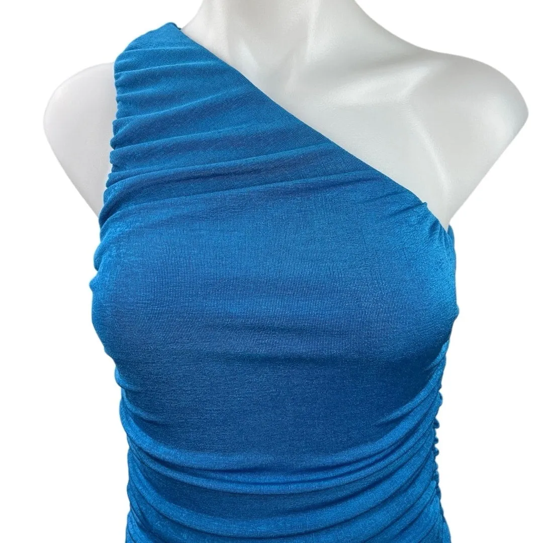 Women's Blue Sleeveless One Shoulder Pullover Ruched Mini Bodycon Dress Size S